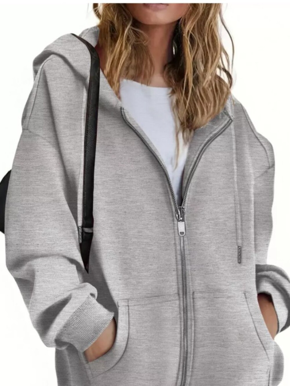 Women's Light Gray Zip Front Hoodie - Casual Everyday Pullover